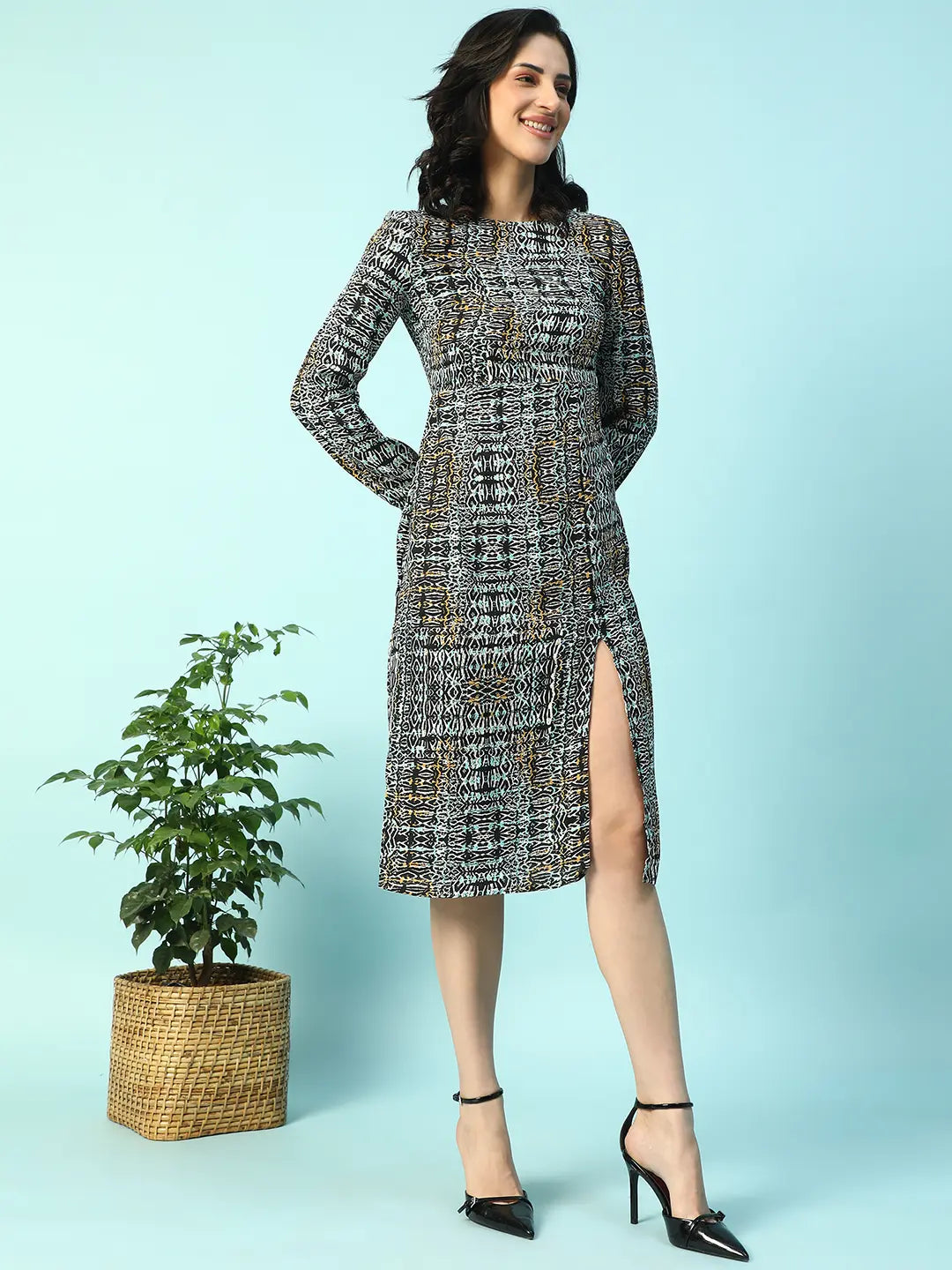 Multicolor Long sleeve Printed Women Dress with Slit Cut