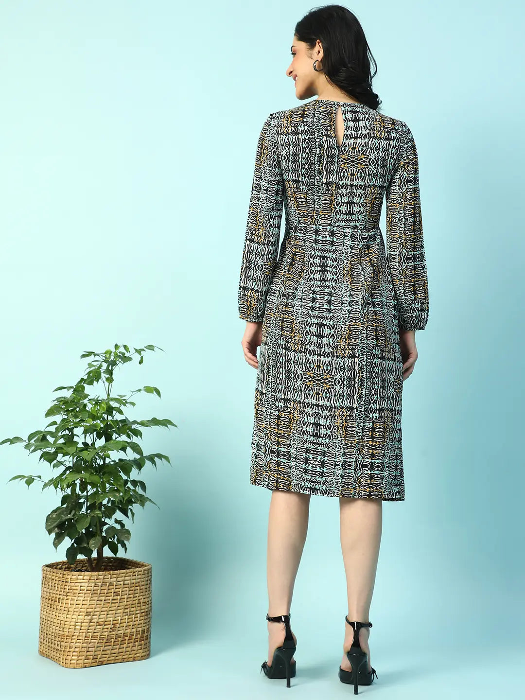 Multicolor Long sleeve Printed Women Dress with Slit Cut