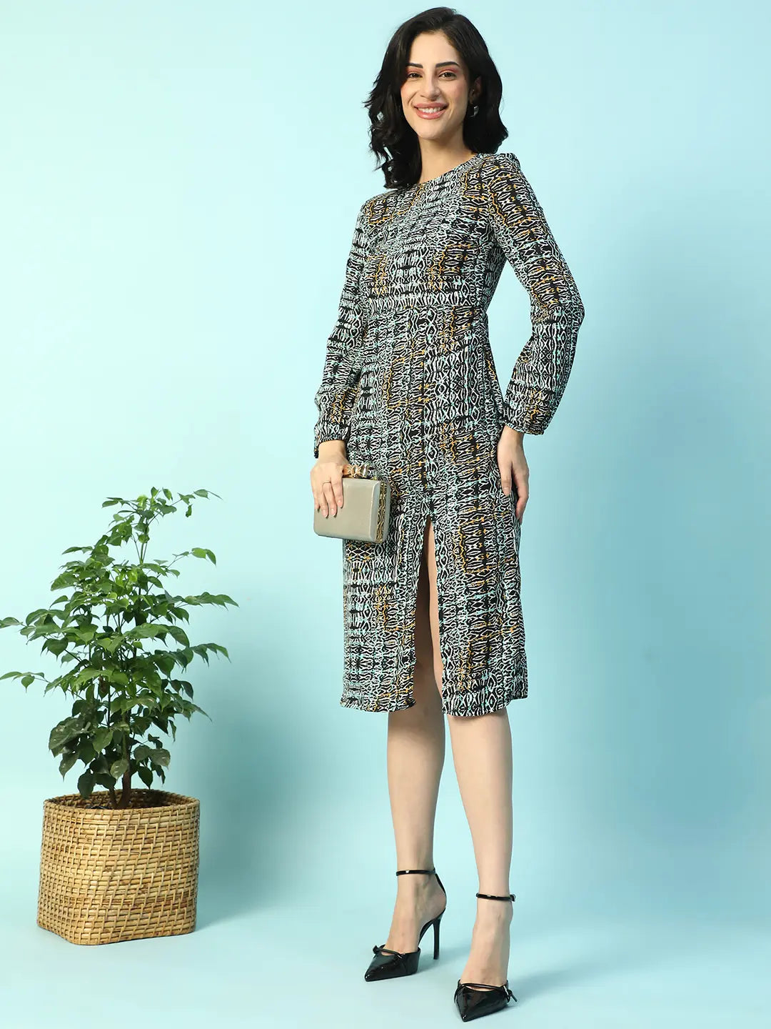 Multicolor Long sleeve Printed Women Dress with Slit Cut