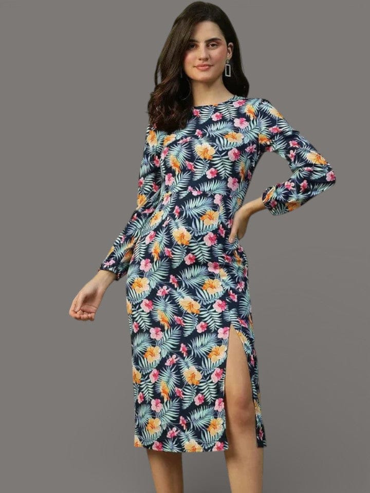 Blue Floral Dress - Printed Women Long Sleeve Knee Length Dress with Slit