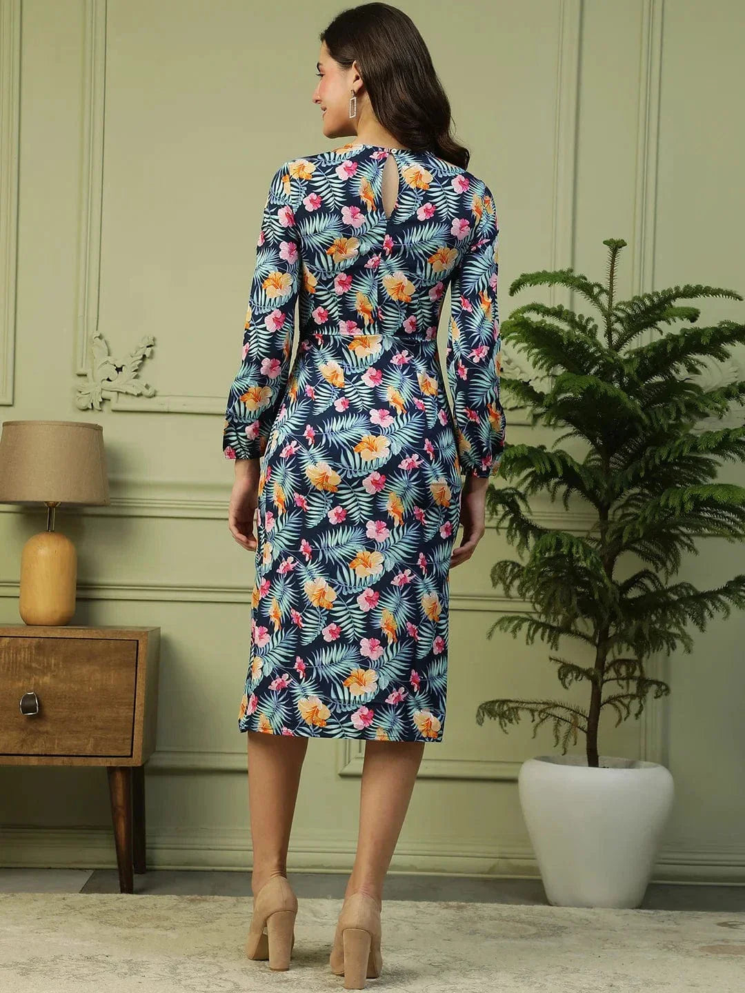 Sassy Blue Floral Print Long sleeve Printed Women Dress with Slit Cut - oxolloxo