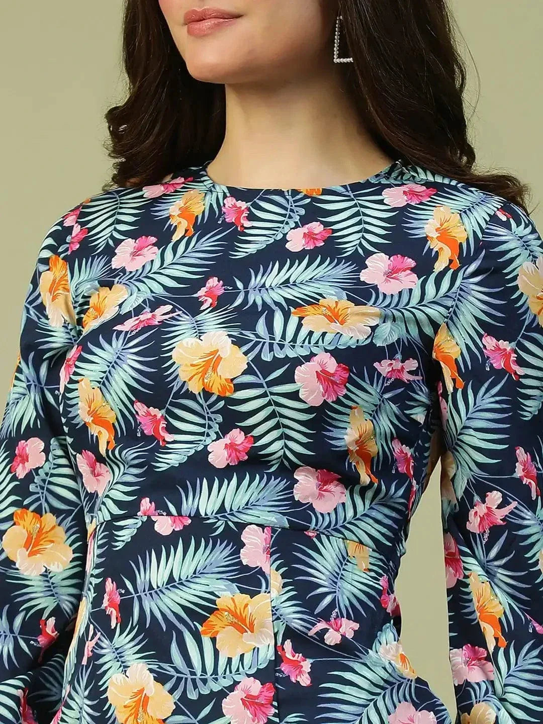 Sassy Blue Floral Print Long sleeve Printed Women Dress with Slit Cut - oxolloxo