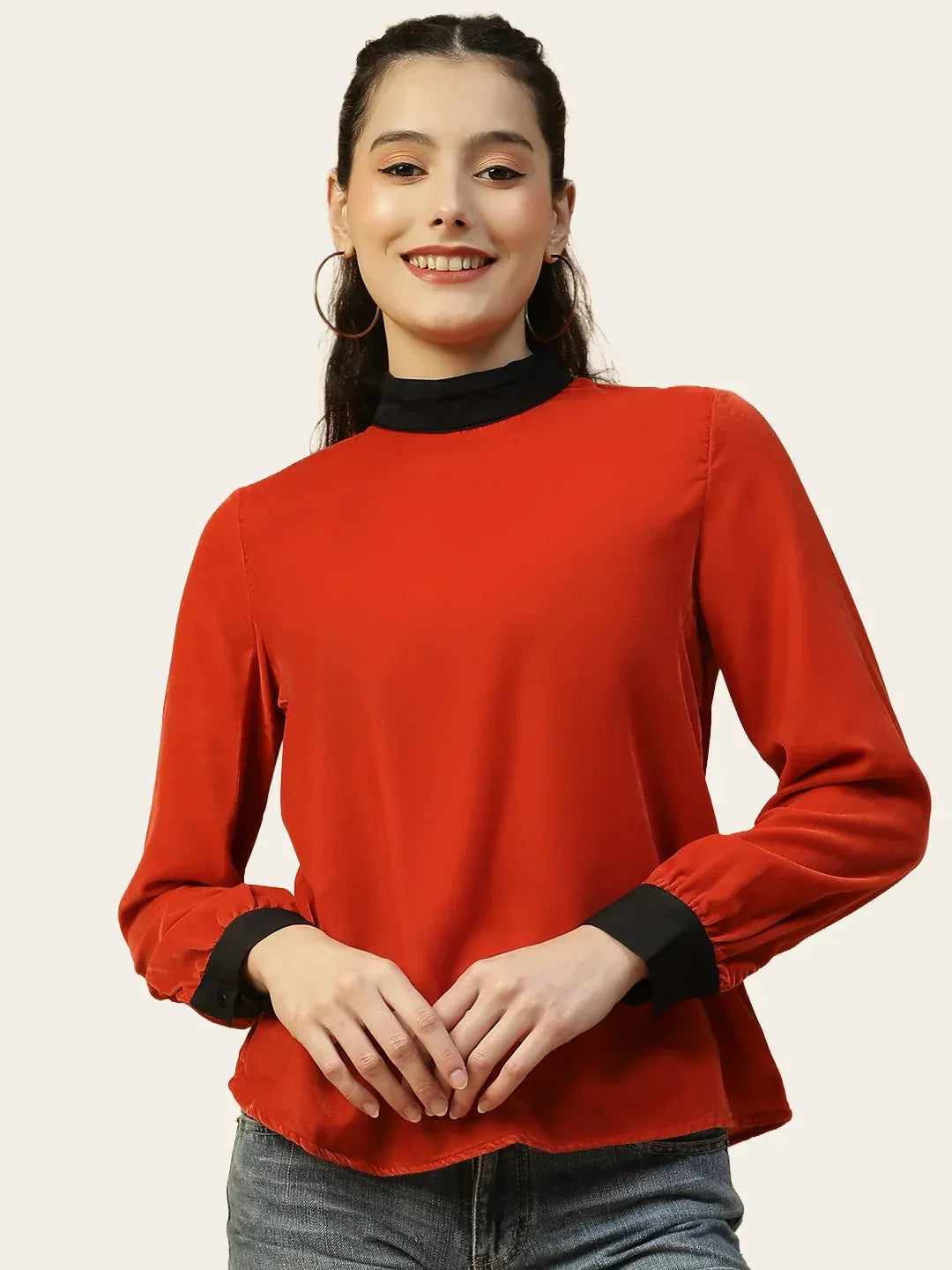 Red Velvet Long Sleeve Top for Women