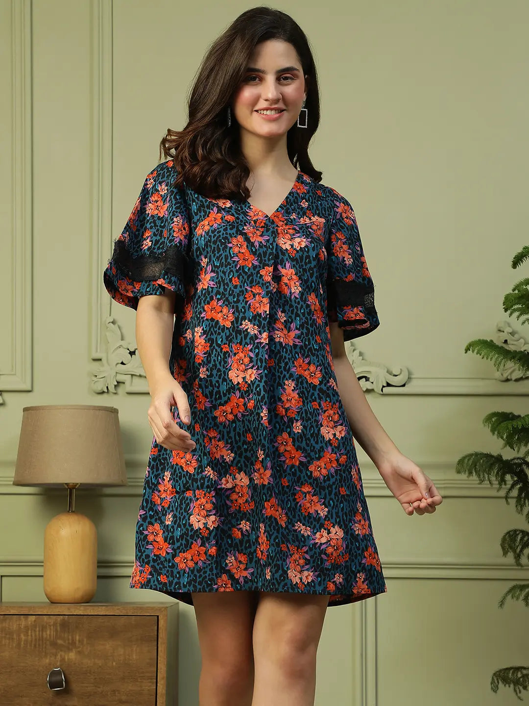 Women Blue Floral Dress – Short Lace Detail Casual Wear