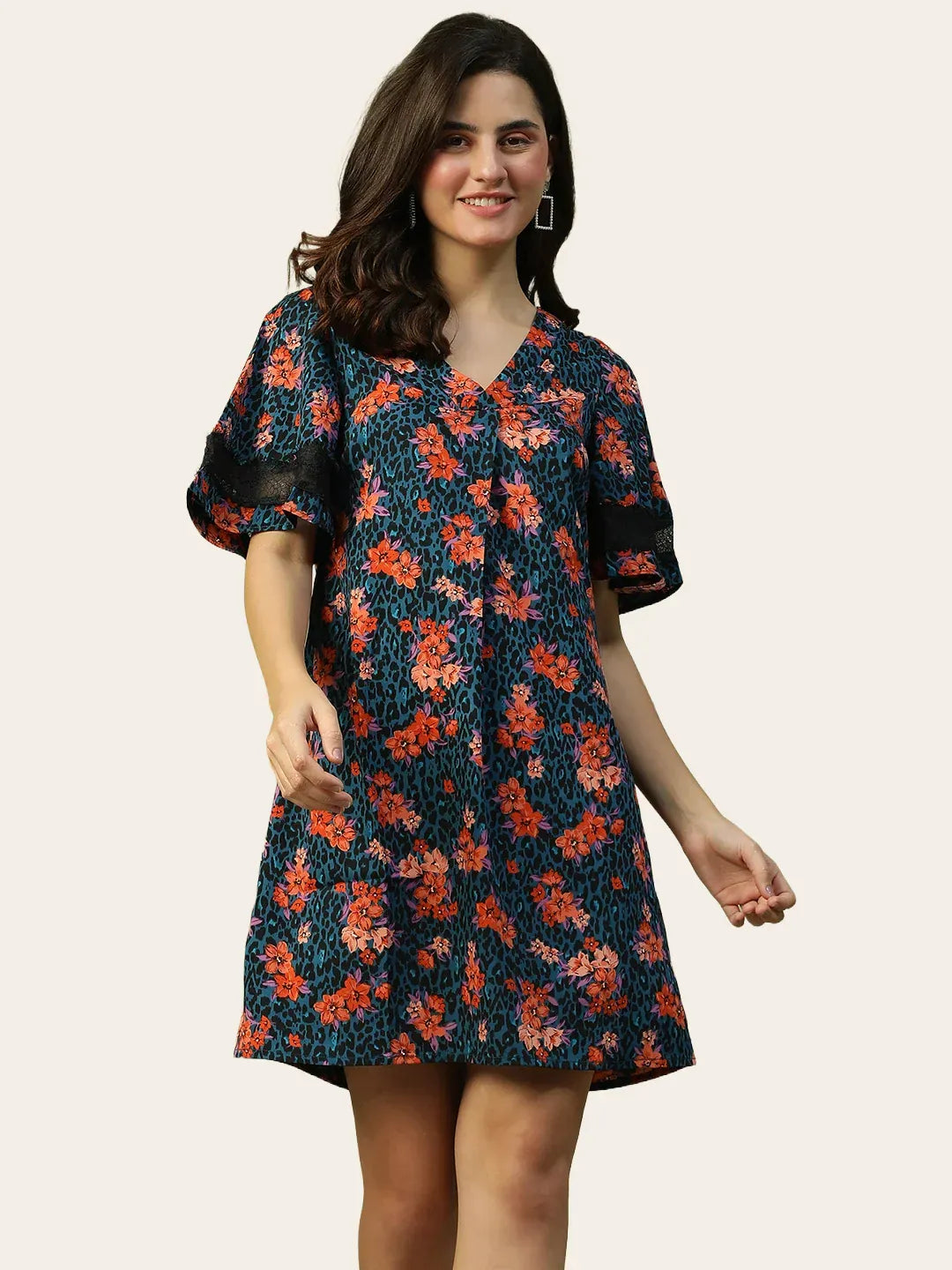 Women Blue Floral Dress – Short Lace Detail Casual Wear
