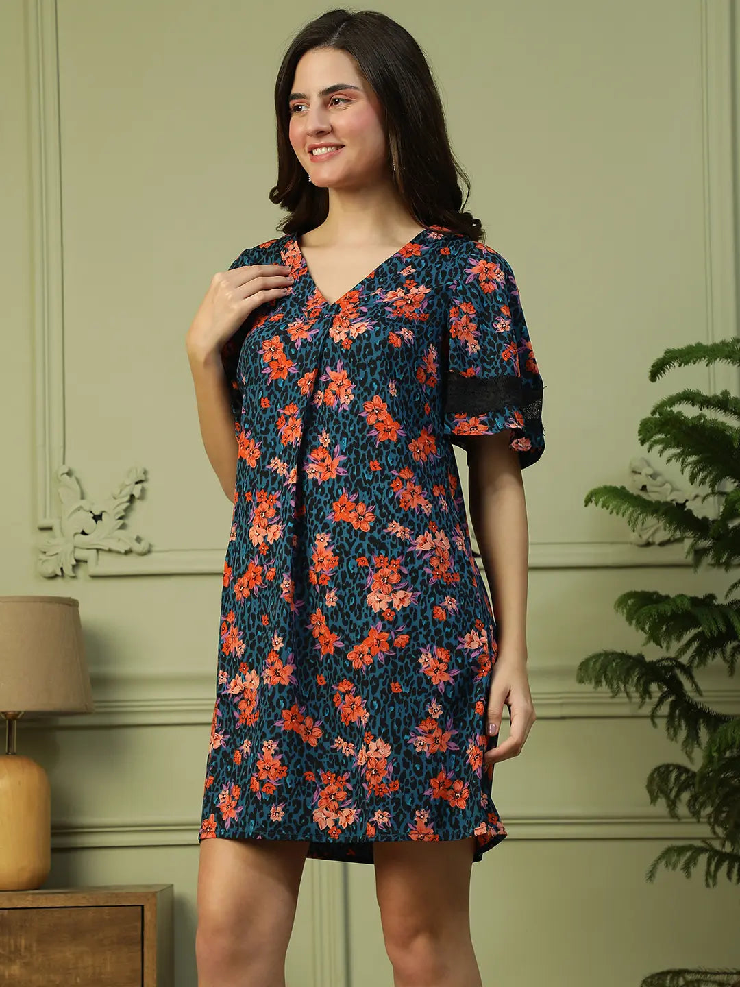 Women Blue Floral Dress – Short Lace Detail Casual Wear