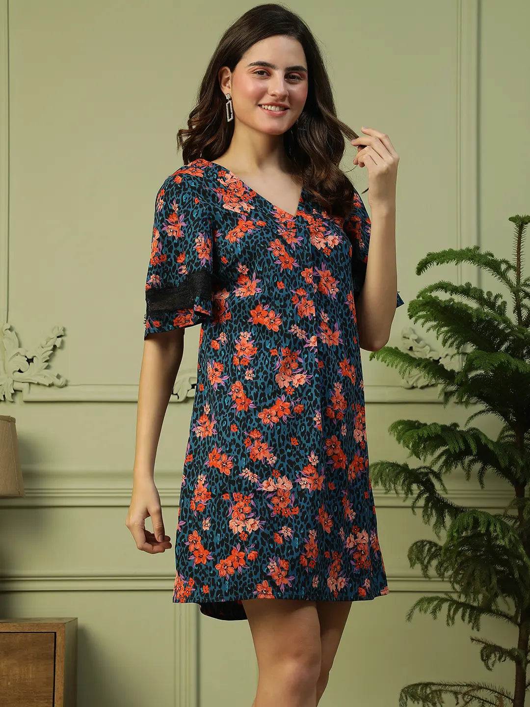 Women Blue Floral Dress – Short Lace Detail Casual Wear