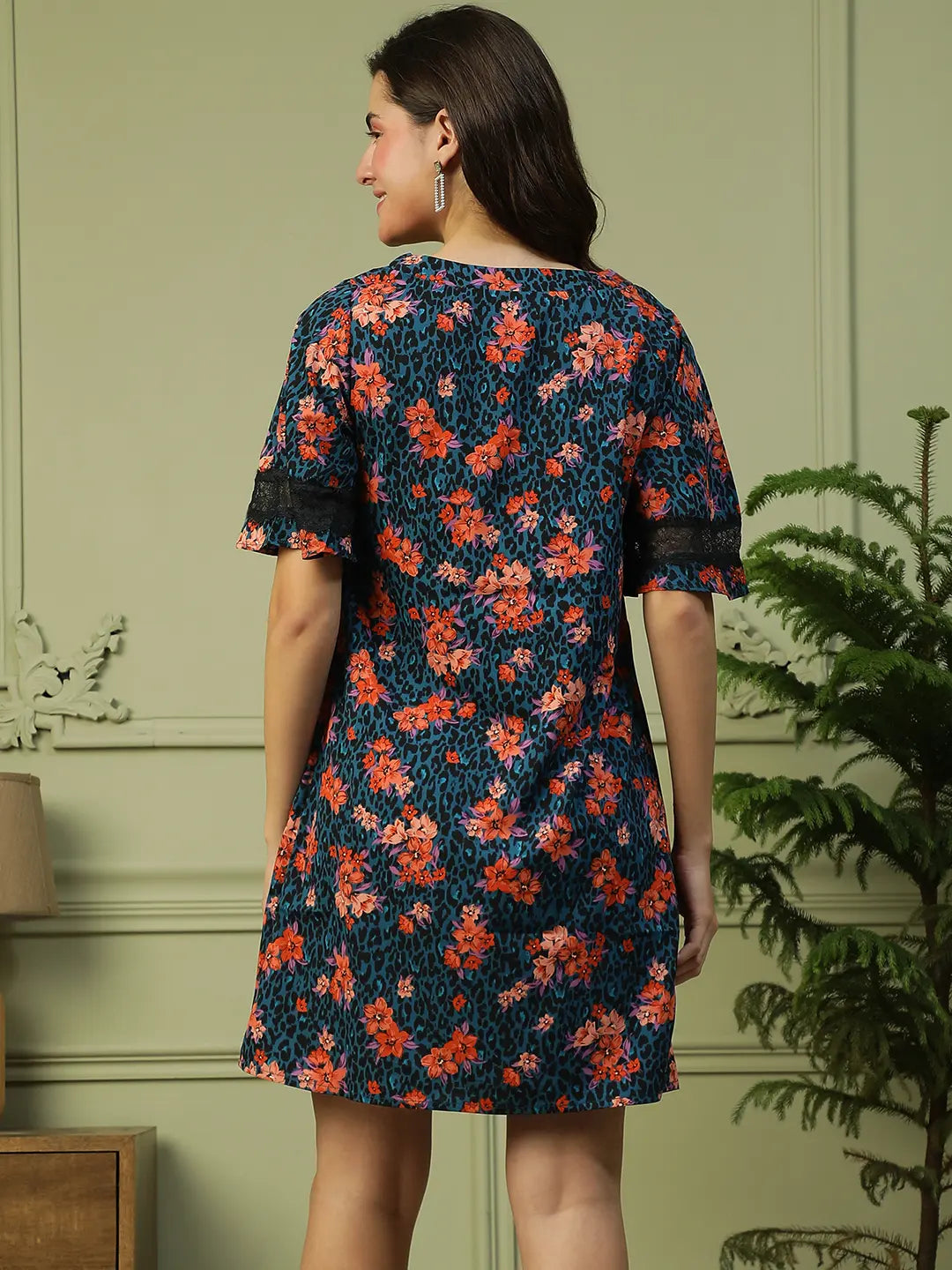 Women Blue Floral Dress – Short Lace Detail Casual Wear