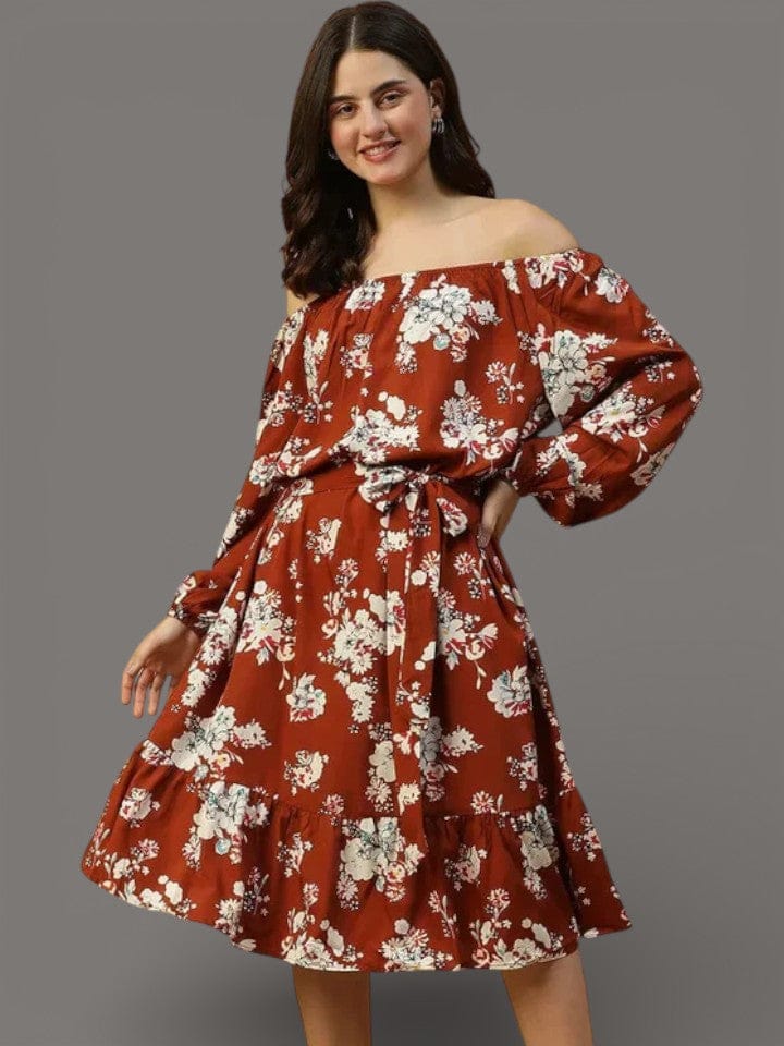 Rust Floral Dress - Women's Off Shoulder Long Sleeve Elasticated Waist Tie-Up Belt