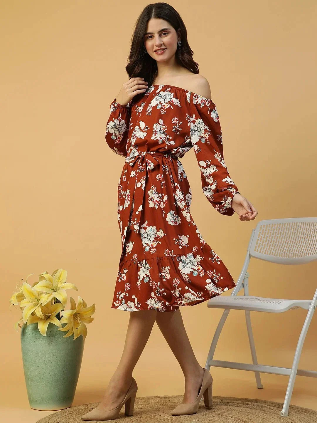 Rust Floral Print Long Sleeve Elasticated Waist With Tie-Up Belt Women Off Shoulder Dress - oxolloxo