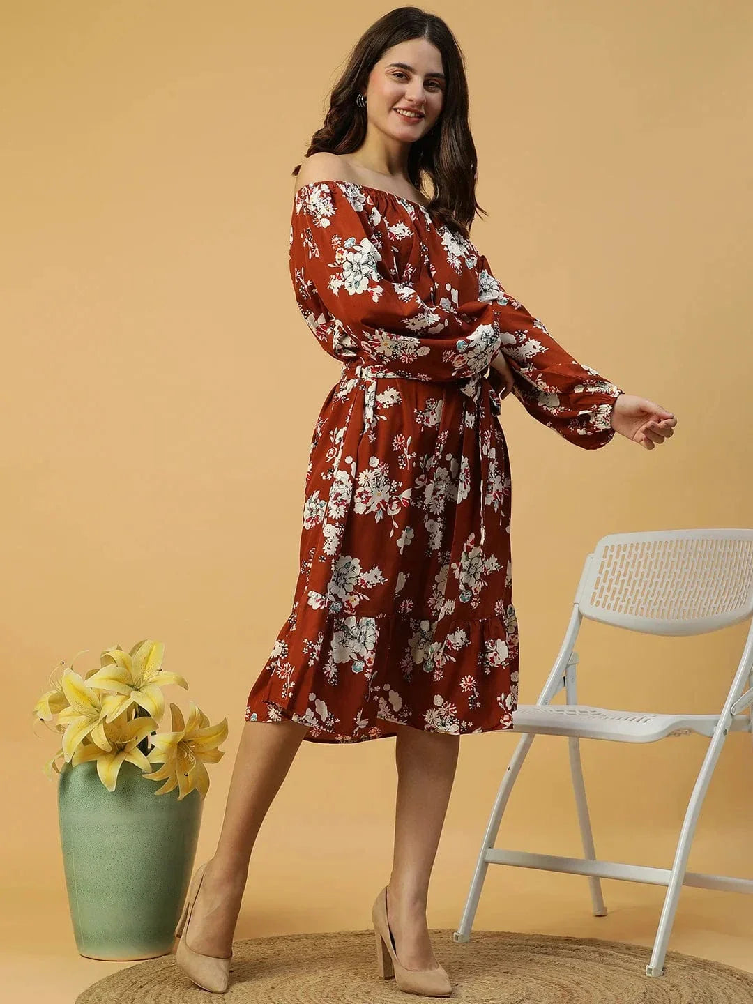 Rust Floral Print Long Sleeve Elasticated Waist With Tie-Up Belt Women Off Shoulder Dress - oxolloxo