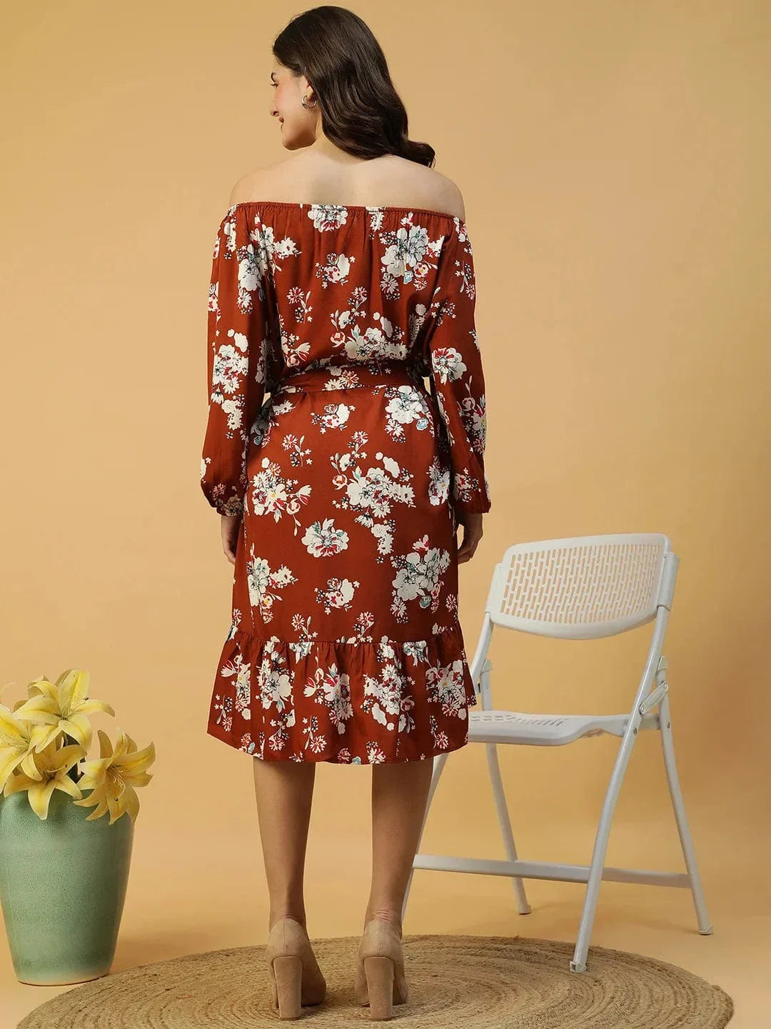 Rust Floral Print Long Sleeve Elasticated Waist With Tie-Up Belt Women Off Shoulder Dress - oxolloxo