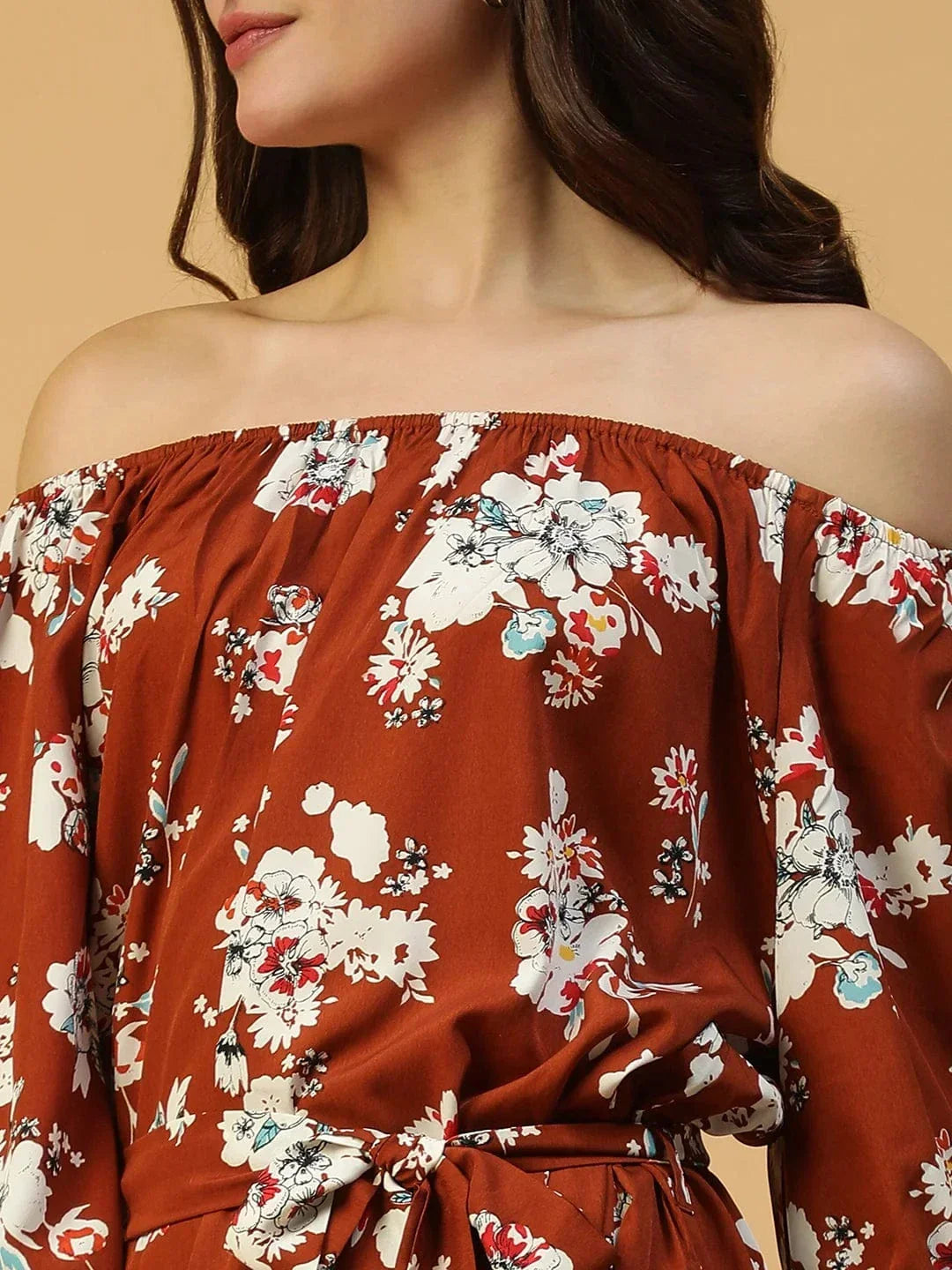 Rust Floral Print Long Sleeve Elasticated Waist With Tie-Up Belt Women Off Shoulder Dress - oxolloxo