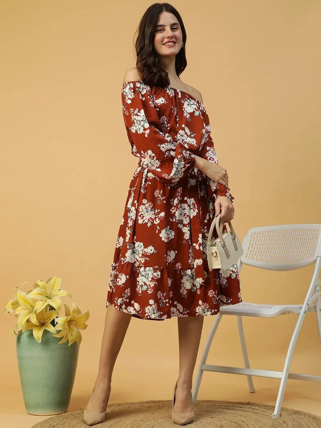 Rust Floral Print Long Sleeve Elasticated Waist With Tie-Up Belt Women Off Shoulder Dress - oxolloxo