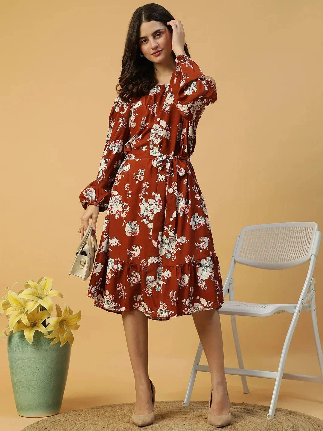 Rust Floral Print Long Sleeve Elasticated Waist With Tie-Up Belt Women Off Shoulder Dress - oxolloxo