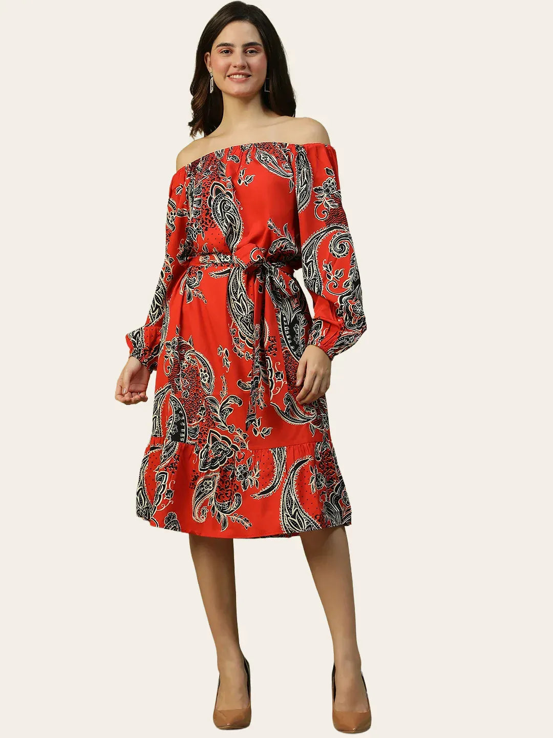 Red Floral Off Shoulder Long Sleeve Women Dress with Belt