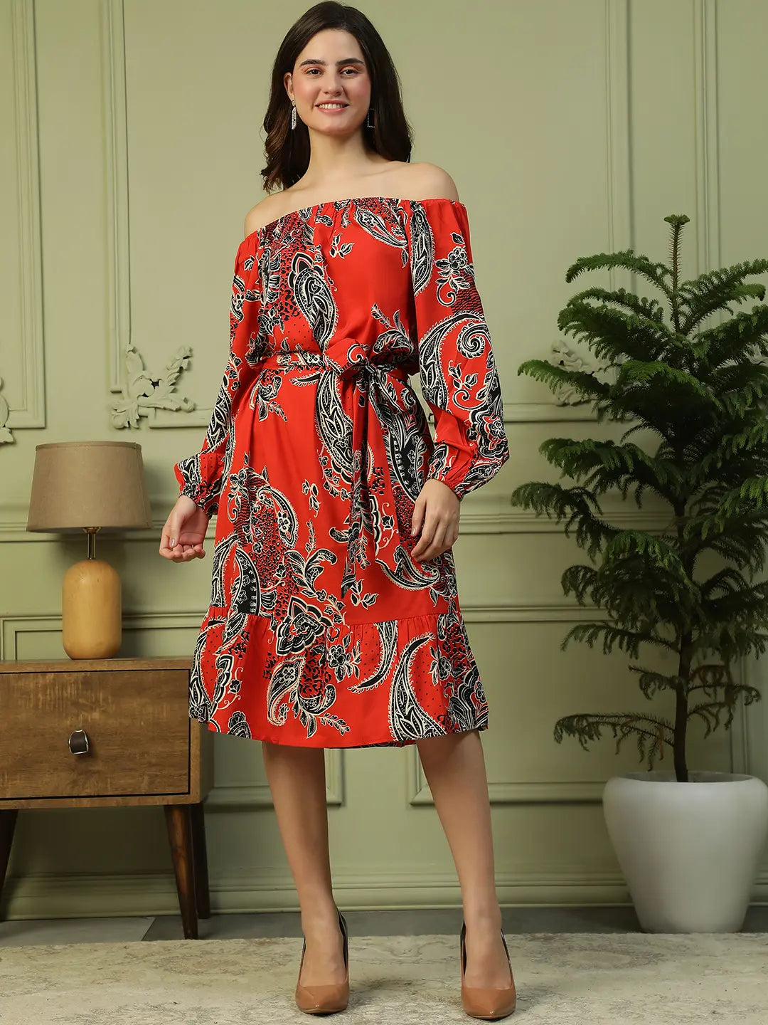 Red Floral Off Shoulder Long Sleeve Women Dress with Belt