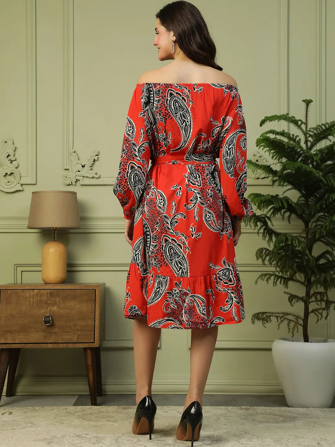 Red Floral Off Shoulder Long Sleeve Women Dress with Belt