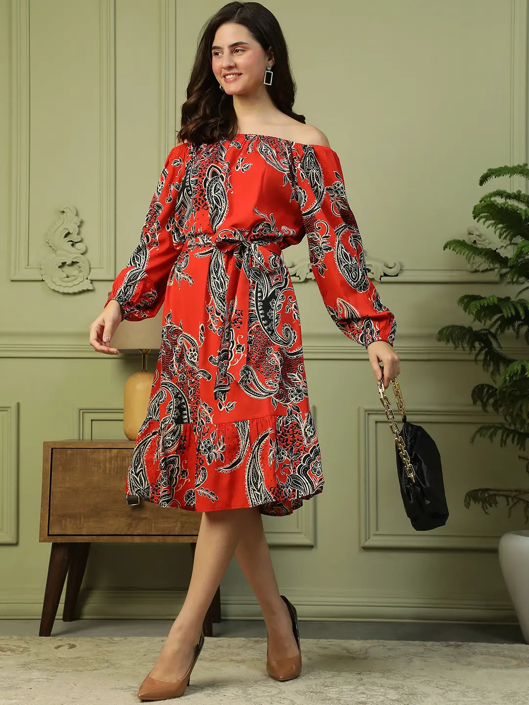 Red Floral Off Shoulder Long Sleeve Women Dress with Belt