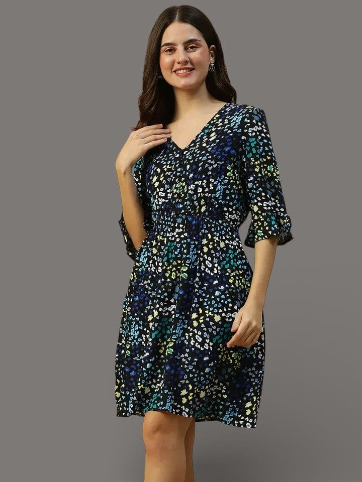 Floral Print Women Cotton Dress Blue – 3/4 Sleeve & Elegant Button Detail