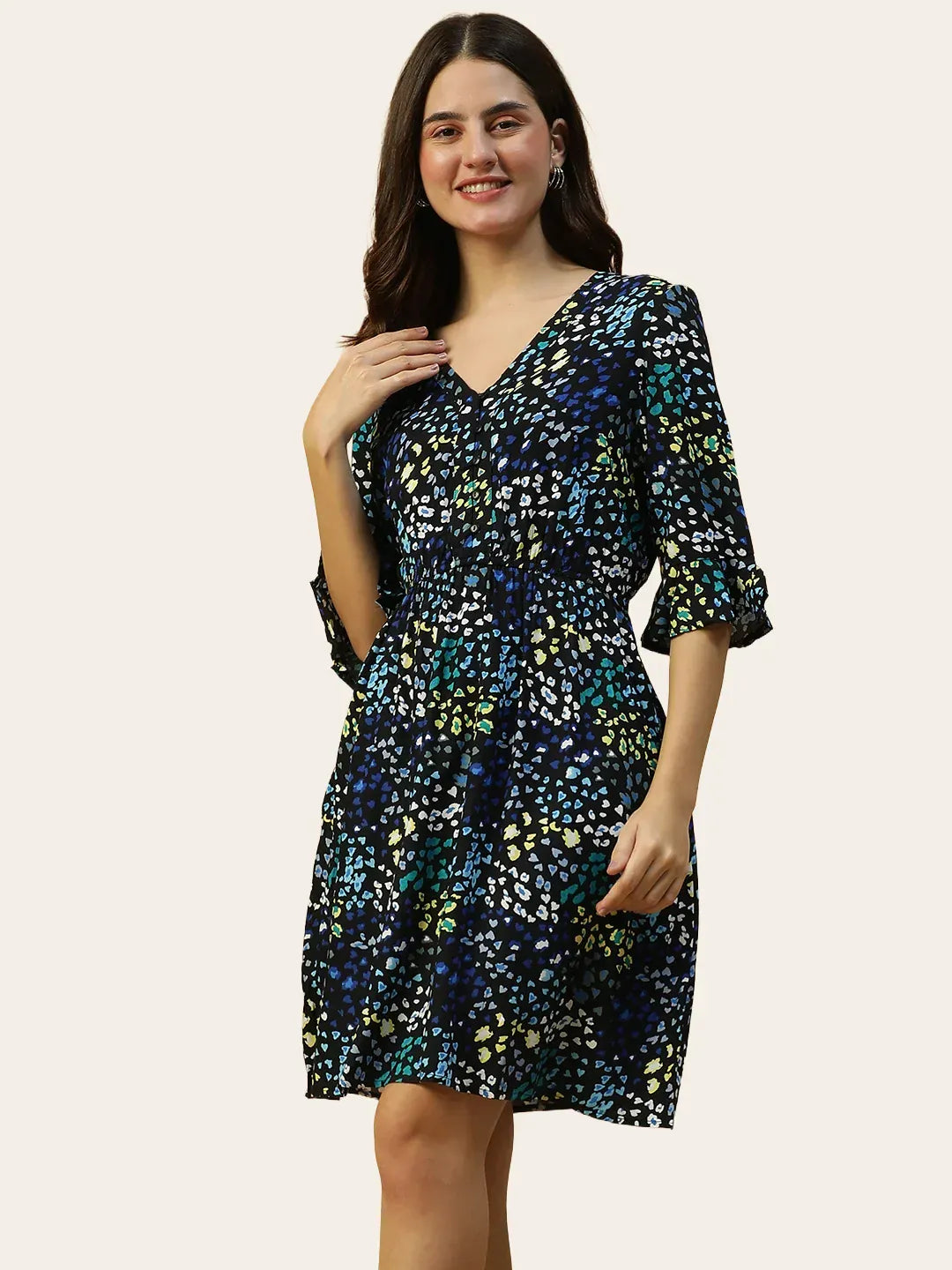 Floral Print Women Cotton Dress Blue – 3/4 Sleeve & Elegant Button Detail