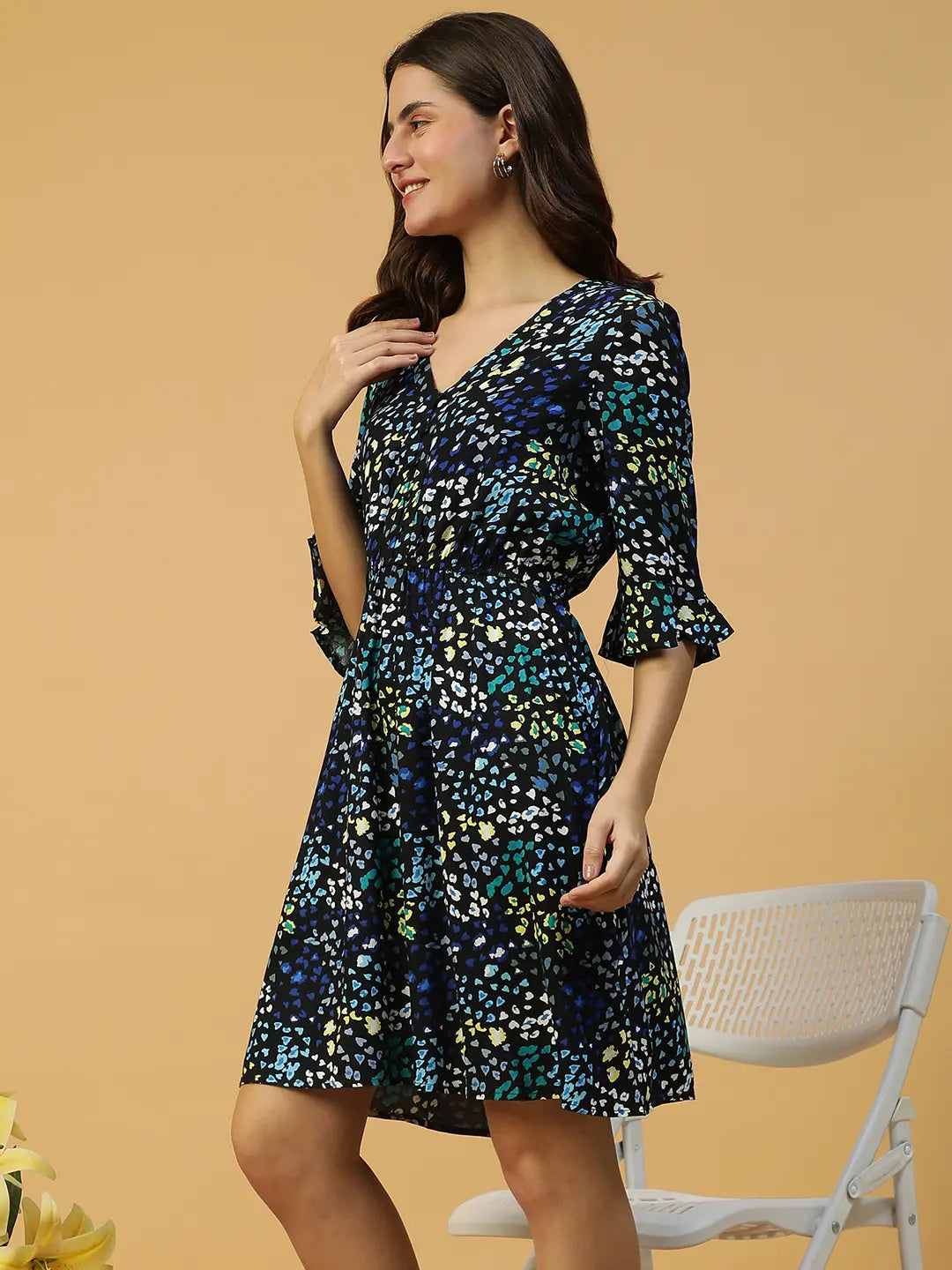 Floral Print Women Cotton Dress Blue – 3/4 Sleeve & Elegant Button Detail