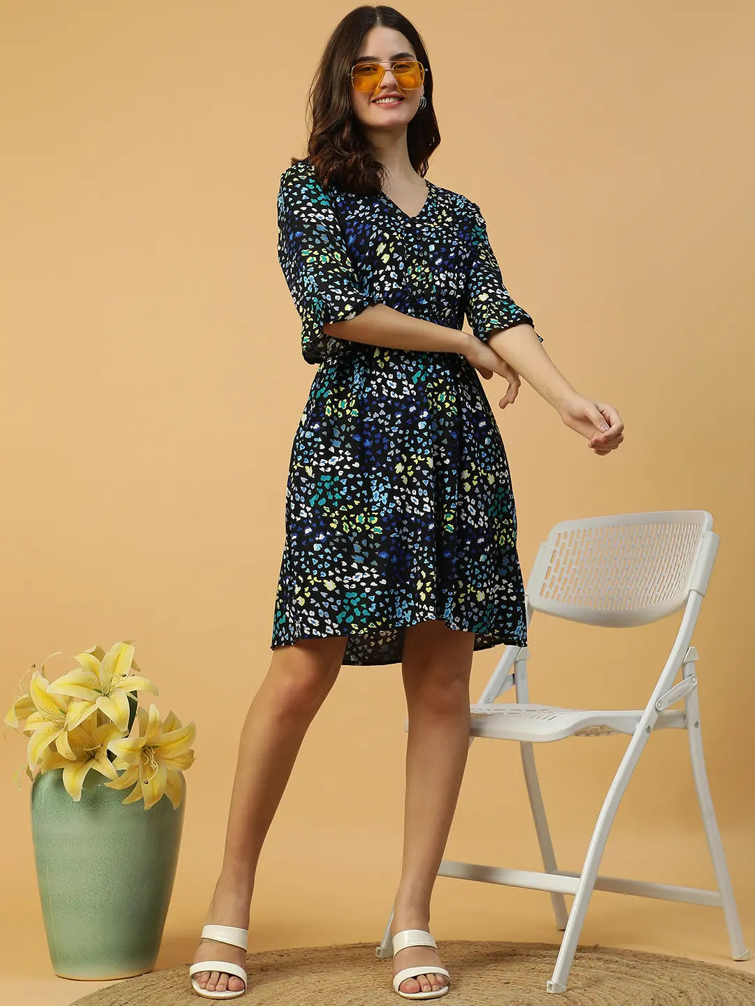 Floral Print Women Cotton Dress Blue – 3/4 Sleeve & Elegant Button Detail