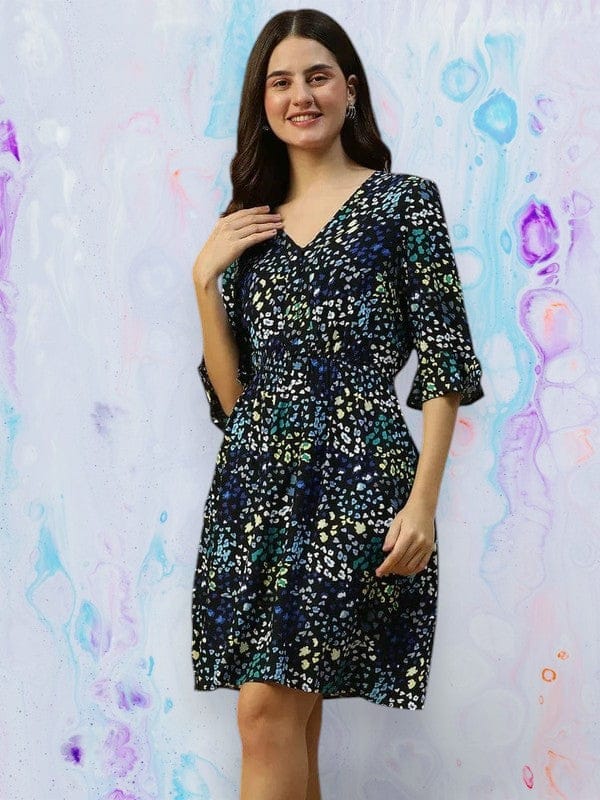 Blue Floral Print Cotton Dress