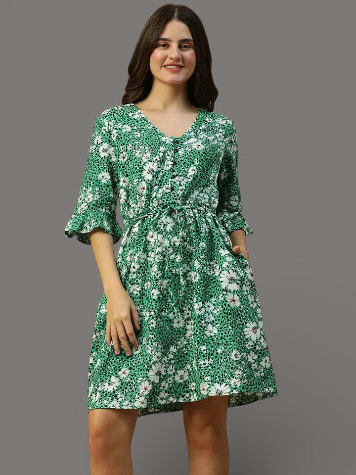 Green Floral Print Cotton Dress