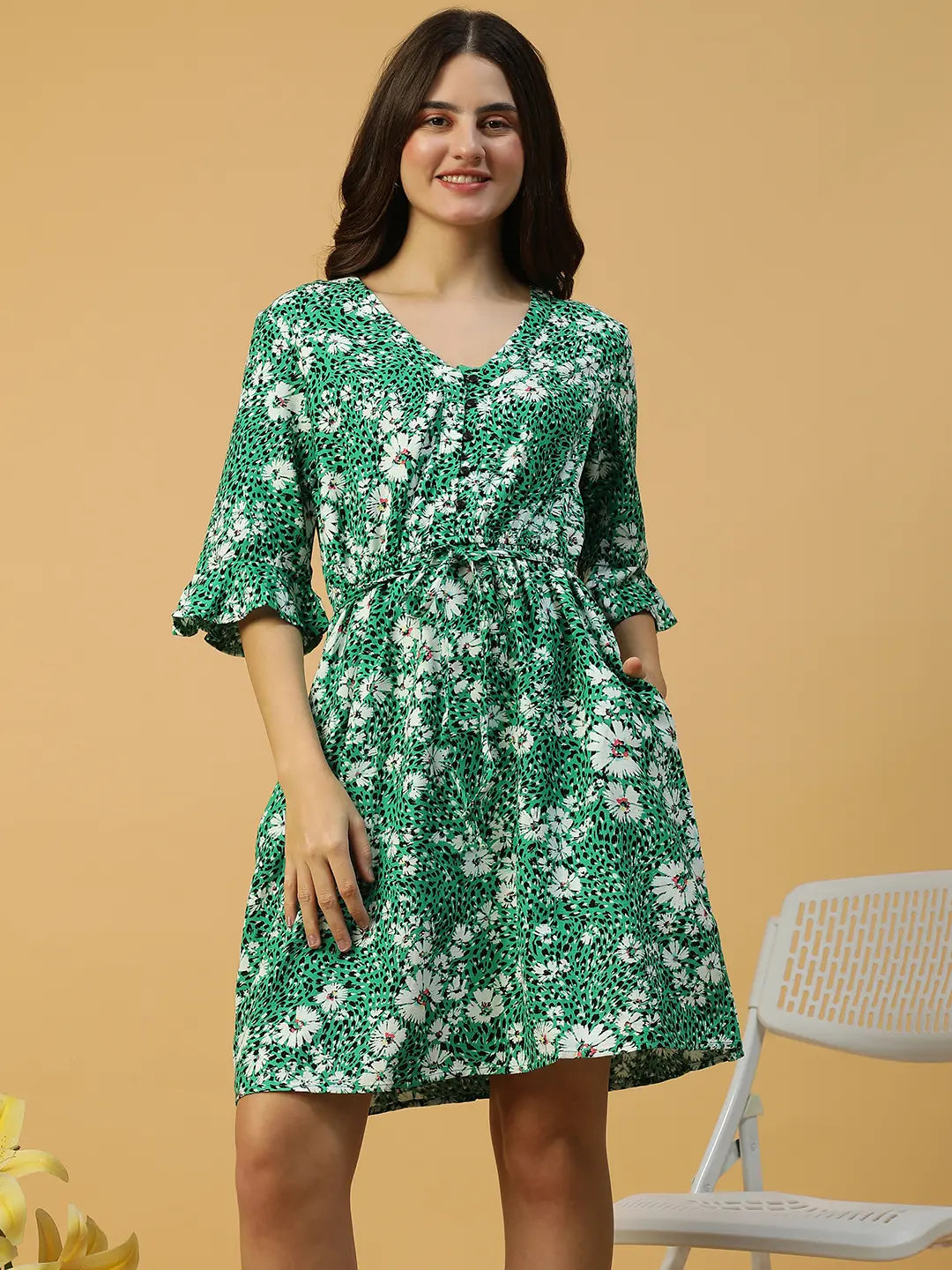 Floral Print Women Cotton Dress Green 3/4 Sleeve with Button Detail