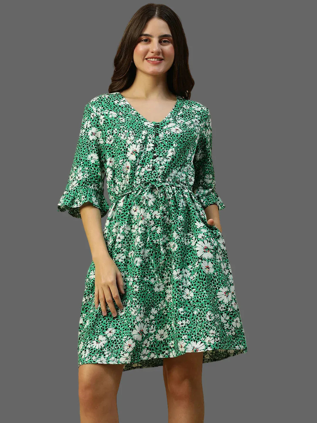 Floral Print Women Cotton Dress Green 3/4 Sleeve with Button Detail