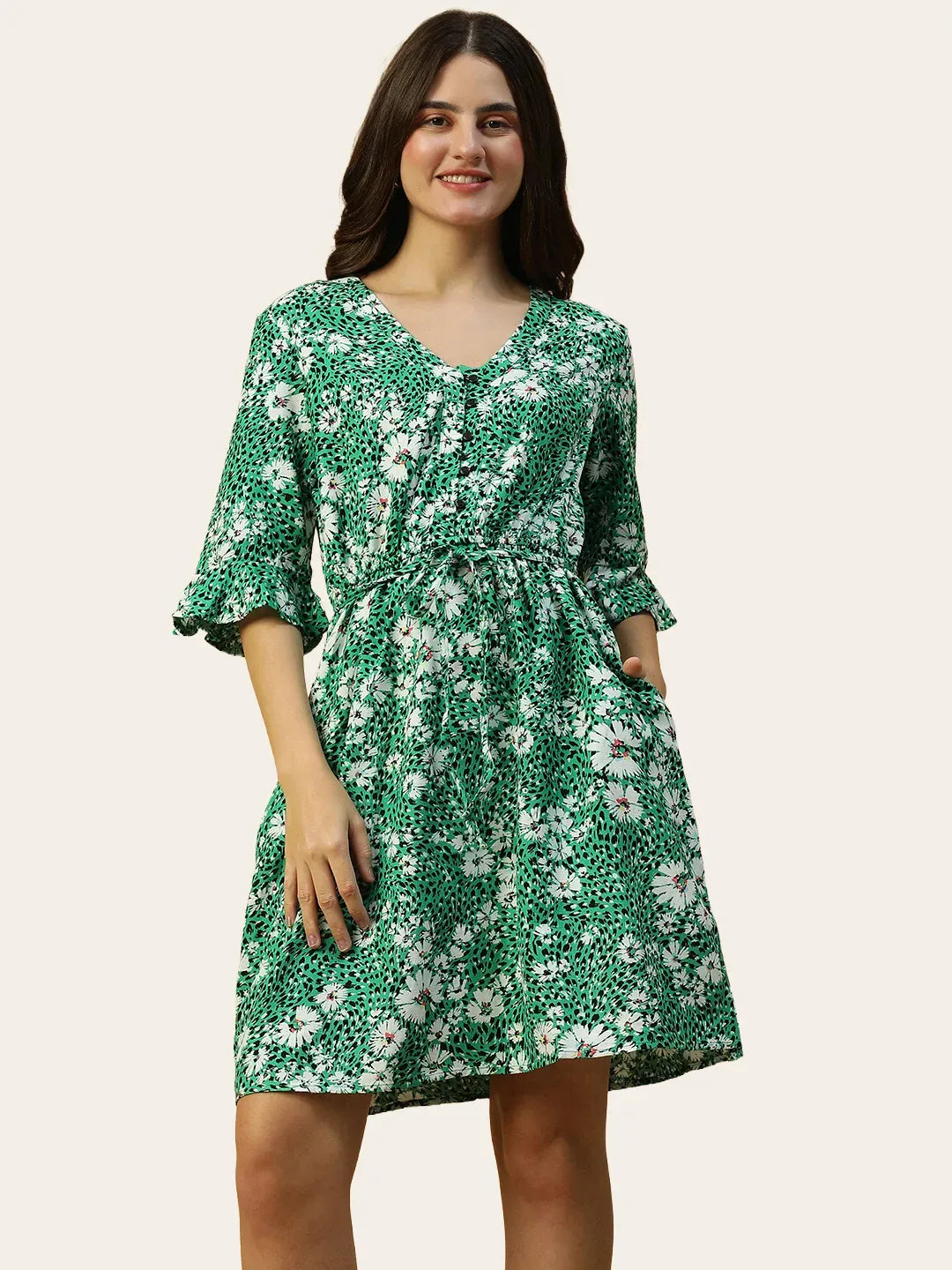 Floral Print Women Cotton Dress Green 3/4 Sleeve with Button Detail
