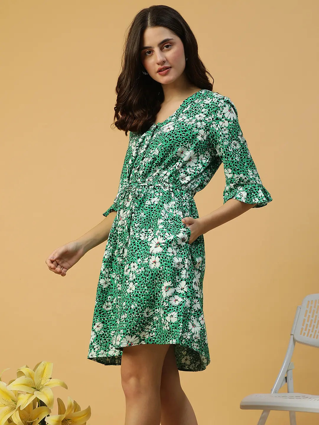 Floral Print Women Cotton Dress Green 3/4 Sleeve with Button Detail