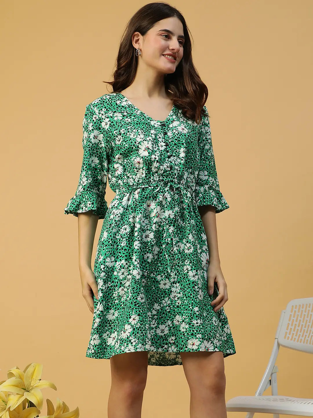 Floral Print Women Cotton Dress Green 3/4 Sleeve with Button Detail