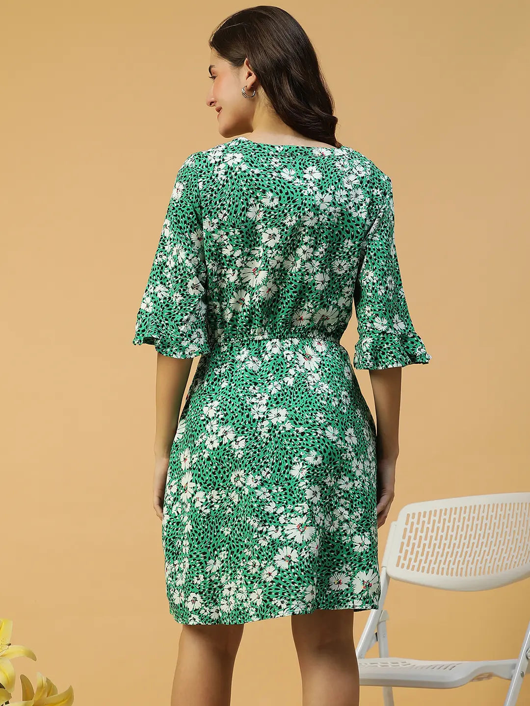 Floral Print Women Cotton Dress Green 3/4 Sleeve with Button Detail