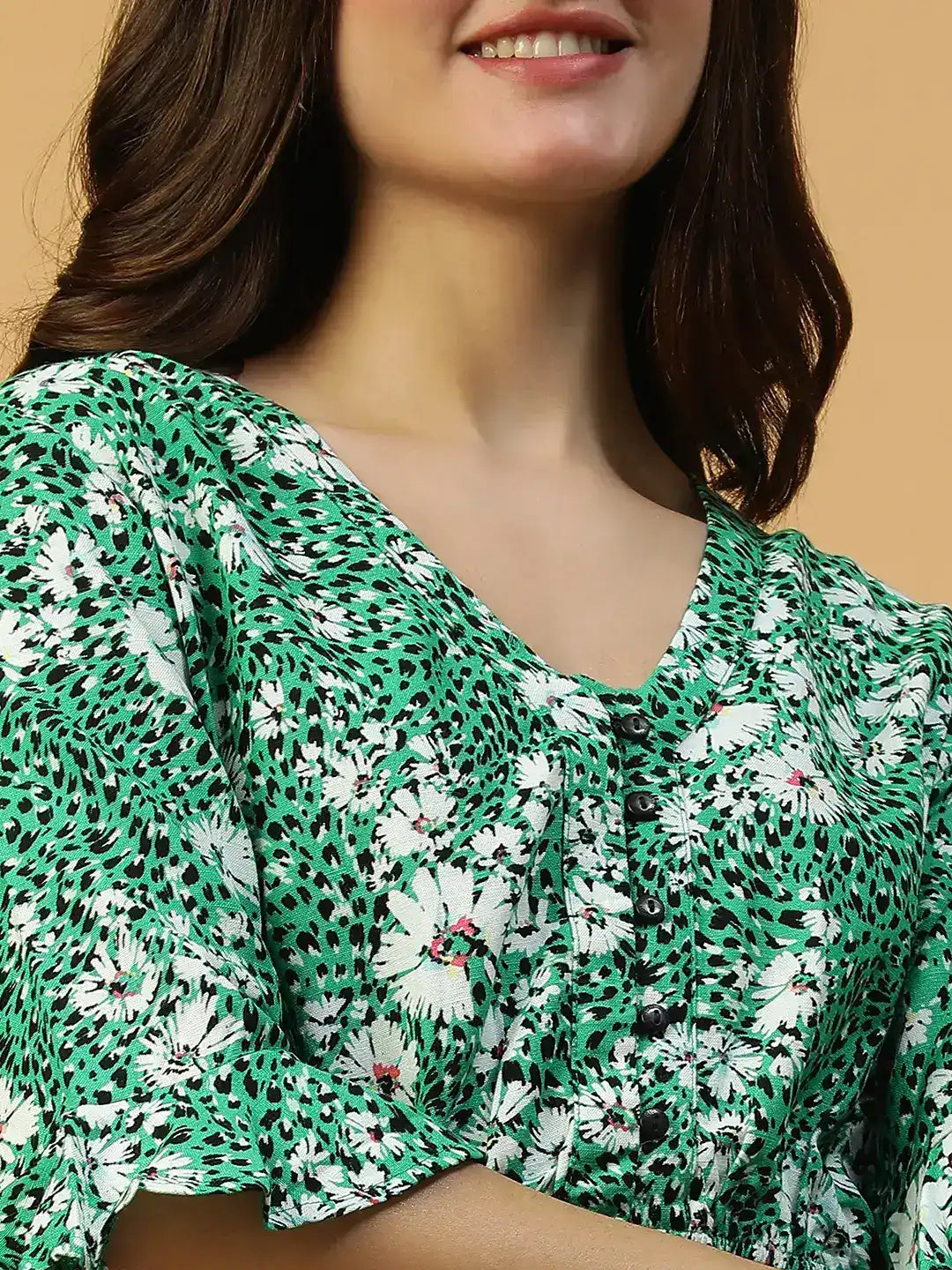 Floral Print Women Cotton Dress Green 3/4 Sleeve with Button Detail