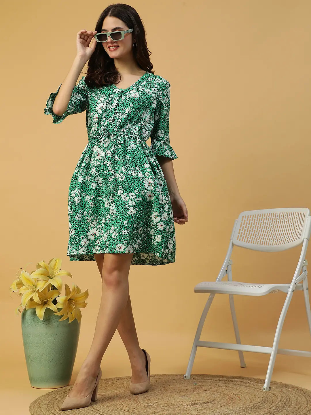 Floral Print Women Cotton Dress Green 3/4 Sleeve with Button Detail