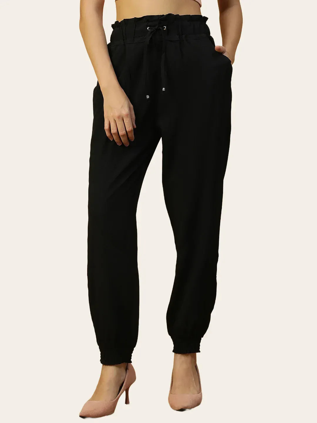 Women Black Elasticated with Tie-Up Polyester Straight Pants