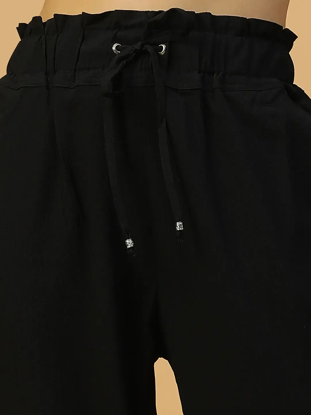 Women Black Elasticated with Tie-Up Polyester Straight Pants