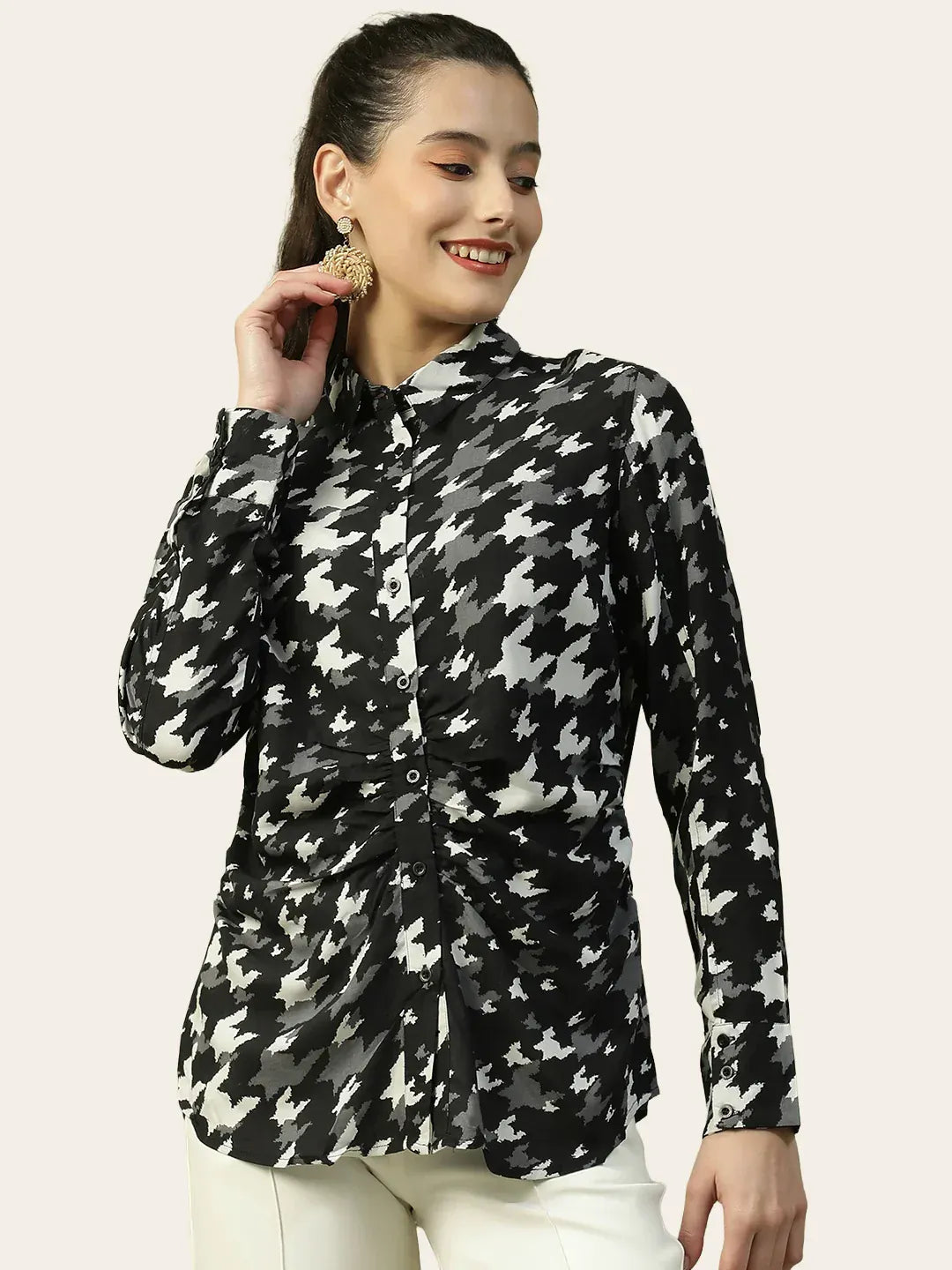 Black Printed Women's Shirt with Collared Button Down
