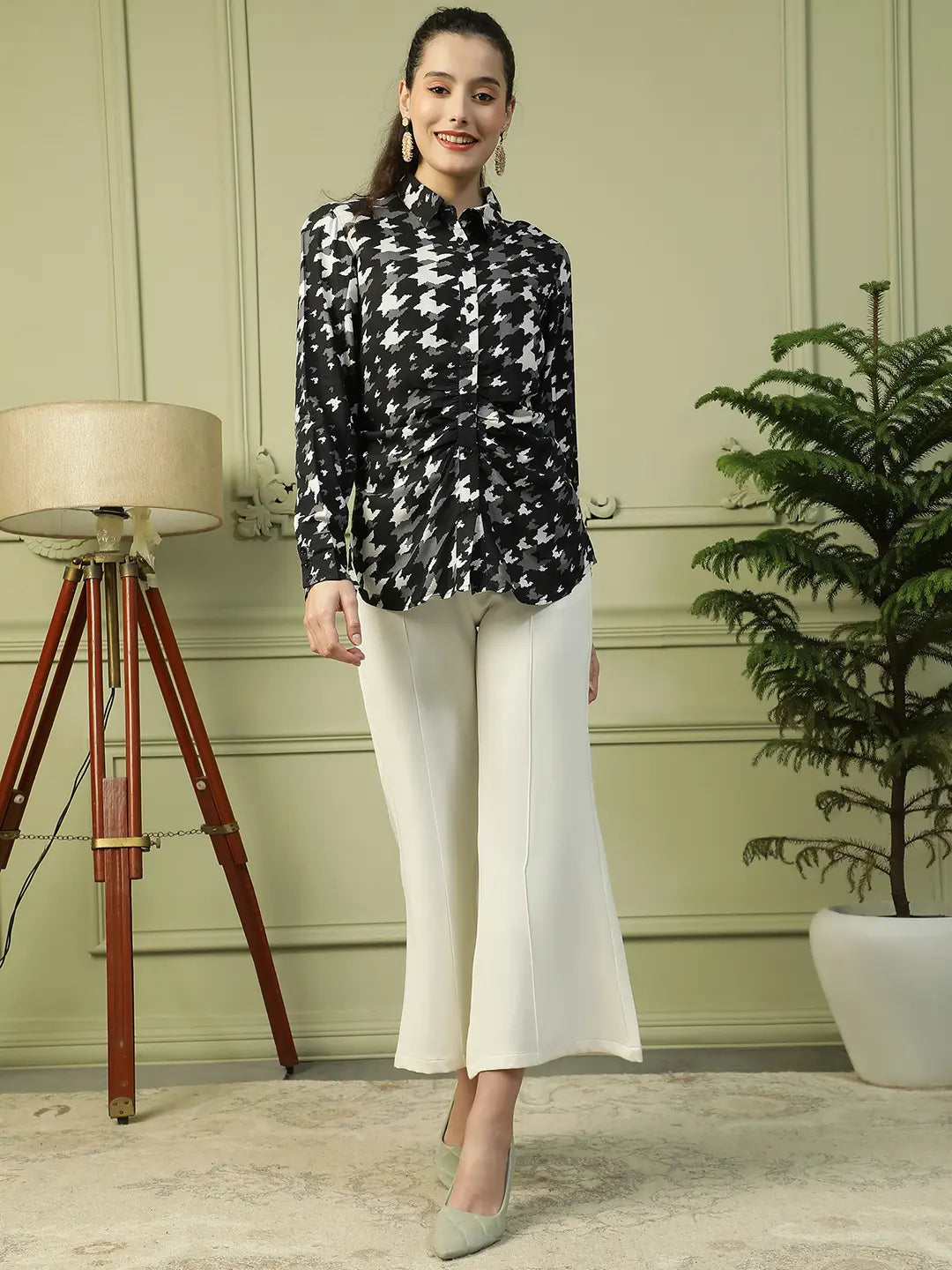 Black Printed Women's Shirt with Collared Button Down