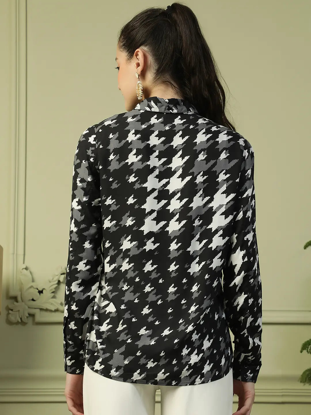 Black Printed Women's Shirt with Collared Button Down
