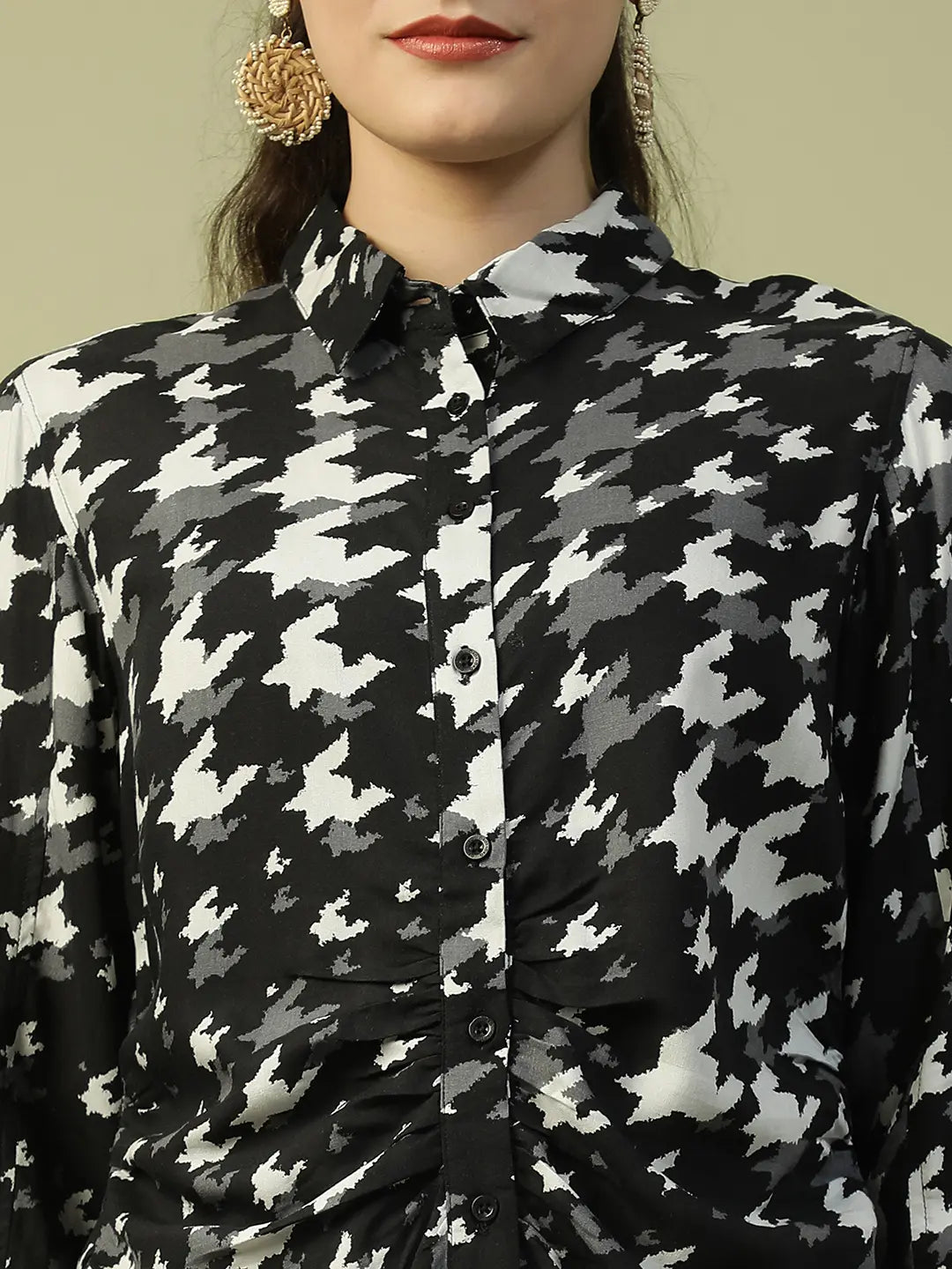 Black Printed Women's Shirt with Collared Button Down