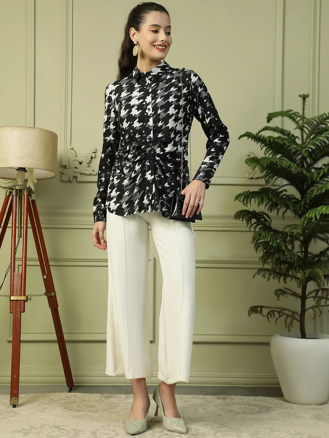 Black Printed Women's Shirt with Collared Button Down