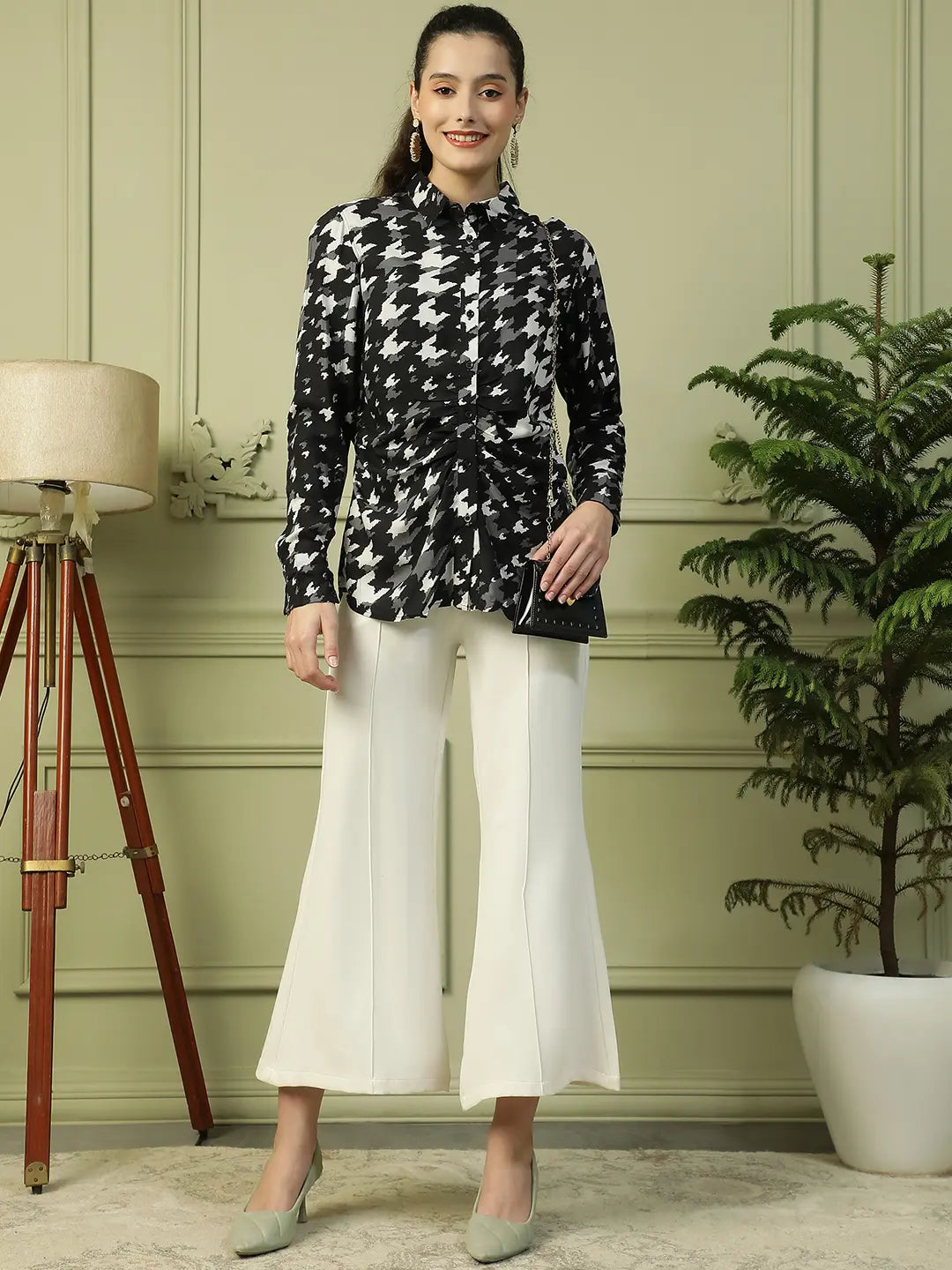 Black Printed Women's Shirt with Collared Button Down