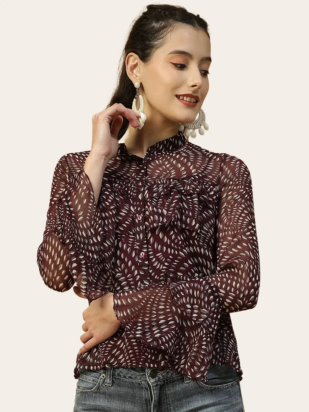Maroon Printed Women's Shirt with Mandarin Collar & Bell Sleeves
