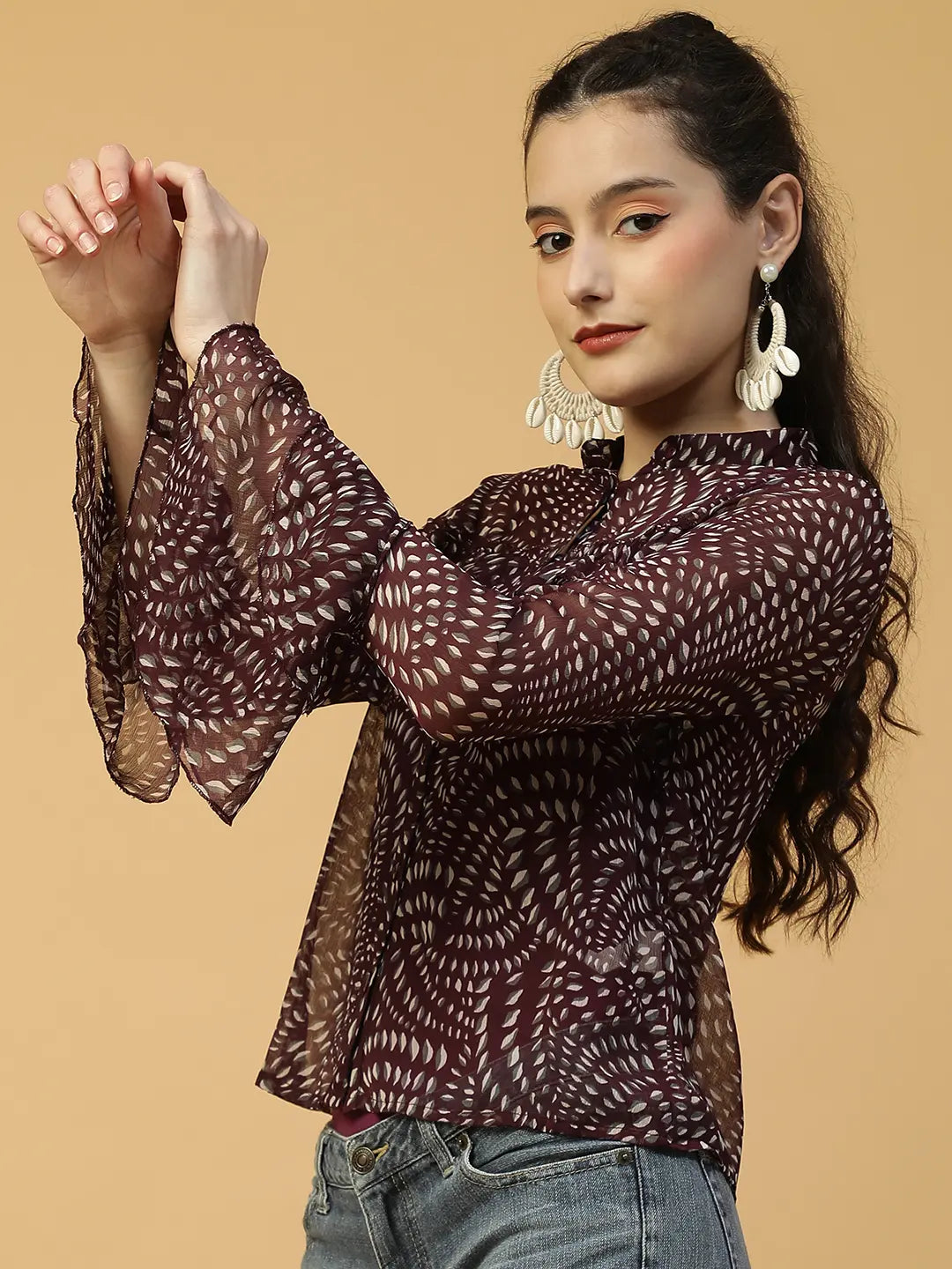 Maroon Printed Women's Shirt with Mandarin Collar & Bell Sleeves