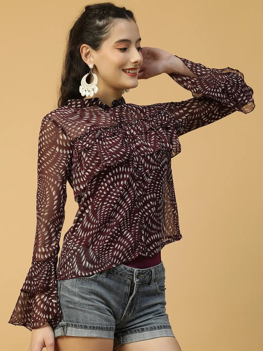Maroon Printed Women's Shirt with Mandarin Collar & Bell Sleeves