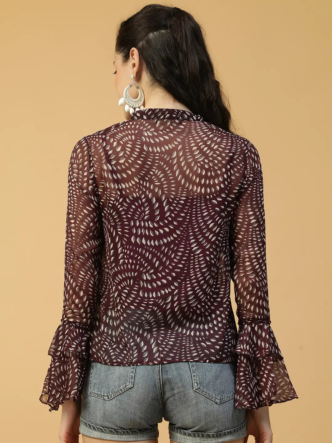 Maroon Printed Women's Shirt with Mandarin Collar & Bell Sleeves