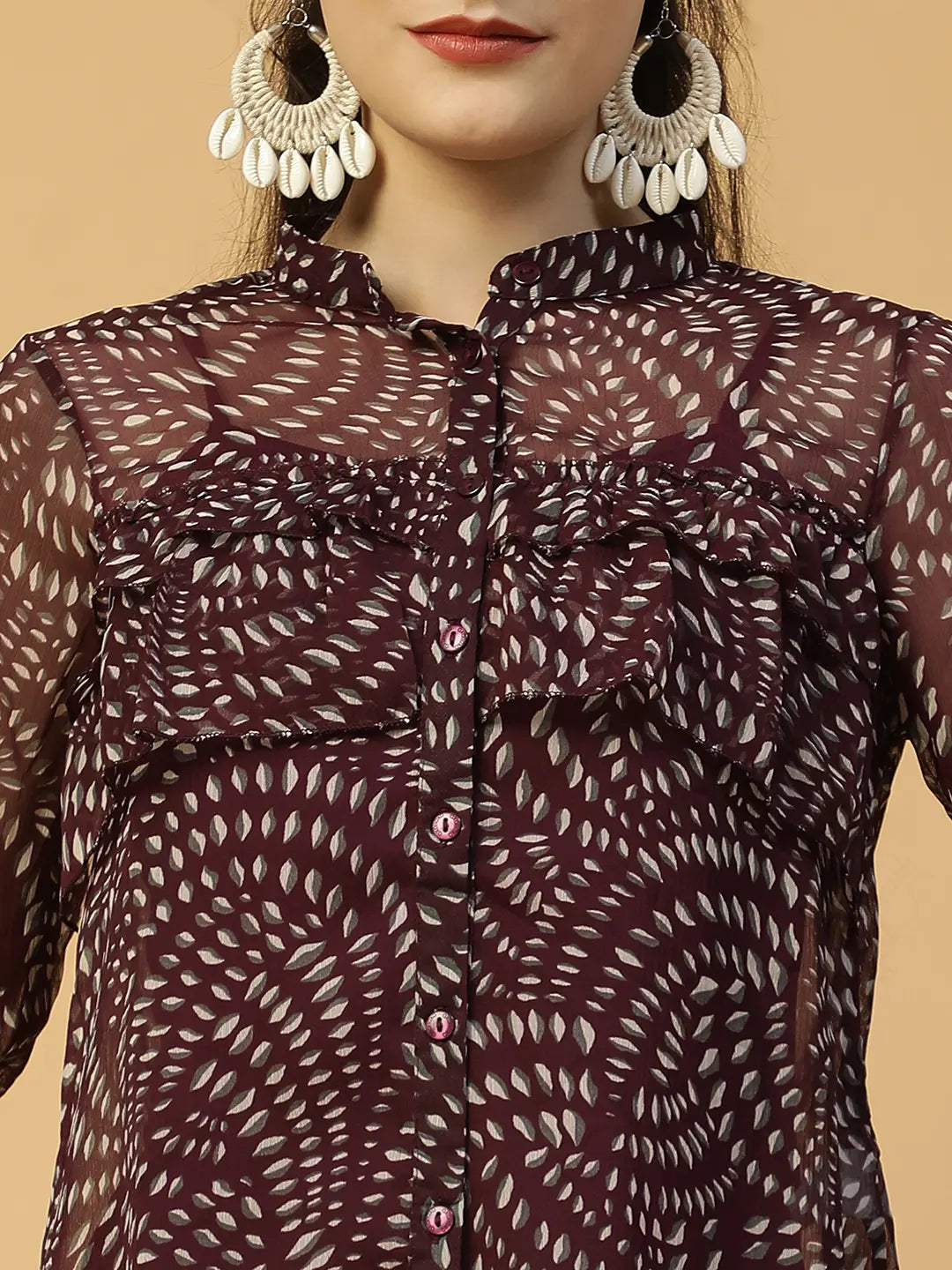 Maroon Printed Women's Shirt with Mandarin Collar & Bell Sleeves